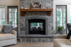 Grey stone fireplace detail