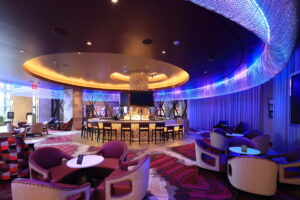Elegant round bar at Seneca Niagara Casino, featuring a circle of illuminated crystals and high-end design details.