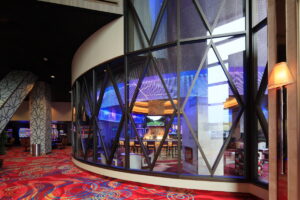 View of Seneca Niagara Casino's circular bar and lounge showcasing an LED crystal ring and lavish design elements.